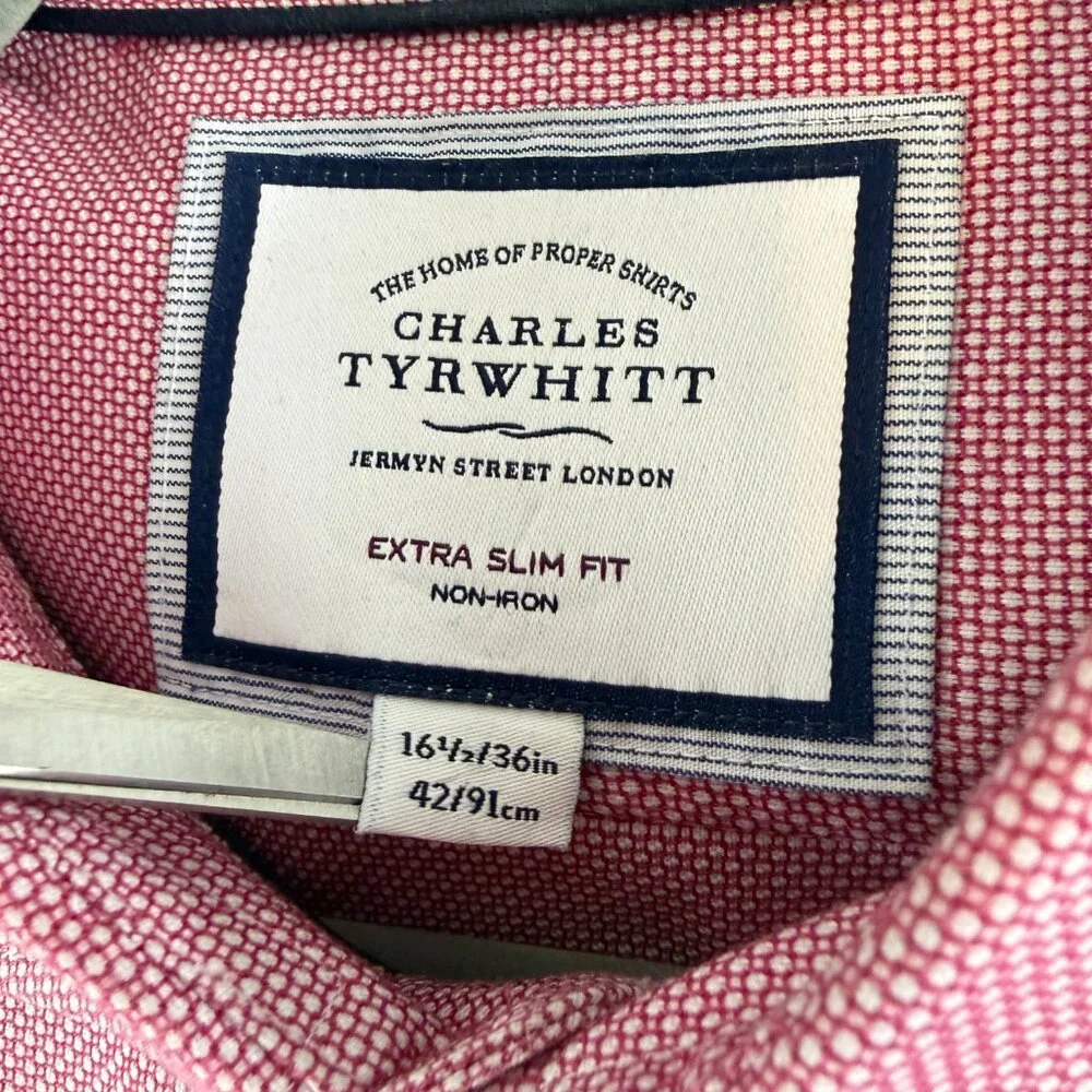 Charles Tyrwhitt Button-Up Dress Shirt Mens Large Pink‎ Extra Slim Fit Non-Iron